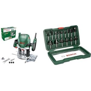 Bosch router POF 1200 AE (1200 W, in doos) & Bosch 15-delige hardmetalen frezenset (voor hout, schacht-Ø 8 mm, accessoire bovenfrees)
