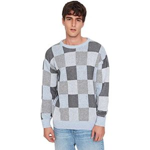 Trendyol Heren ronde hals geruite oversized trui sweatshirt, blauw, M, Blauw, M