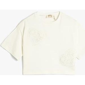 Koton Oversized Crop Short Sleeve Lace Applique Detail Katoenen T-shirt voor meisjes, ecru(010), 6-7 Jaar