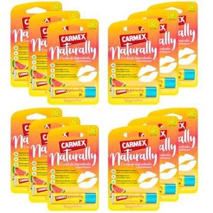 Carmex Naturally Stick Watermeloen, lippenverzorging voor droge lippen, hydraterend en kalmerend voor gebarsten lippen, met ricinusolie, vitamine E en bijenwas, 12 x 4,25 g