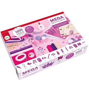 Rayher 69184000 Mega-knutselset, 1000 stuks, wit/roze/paarse tinten, knutselset kinderen, creatieve set, pijpreinigers, pompons, veren, wiebelogen, pailletten, knutsellijm, knutselen kinderverjaardag