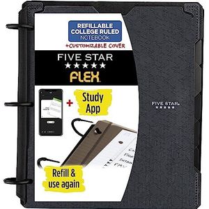 Five Star Flex navulbaar notitieboek + studie-app, college gelinieerd papier, 1 inch TechLock-ringen, zakken, tabbladen en verdelers, 200 vel capaciteit, aanpasbare hoes, zwart (29326AA2)