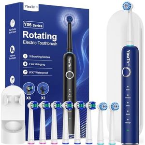 Draaibare elektrische tandenborstel voor volwassenen, draaibare tandenborstels met 8 borstelkoppen en reisetui, 5 modi, waterdicht IPX7, elektrische tandenborstel voor op reis, blauw