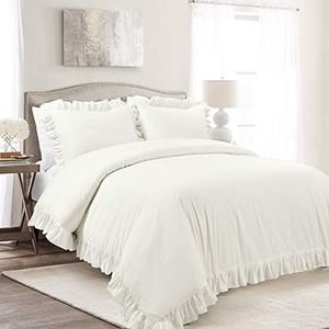 Lush Decor Reyna dekbedovertrek met ruches van 100% katoen - 3-delige gezellige beddengoedset met ruches - tijdloze elegantie en comfort - kingsize, wit
