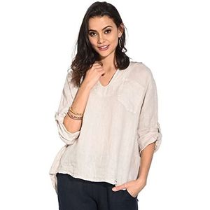 Tuniek top voor dames, 100% linnen, Made in Italy, top met V-hals, lange mouwen en zakken, woestijn, maat: L, Woestijn, L