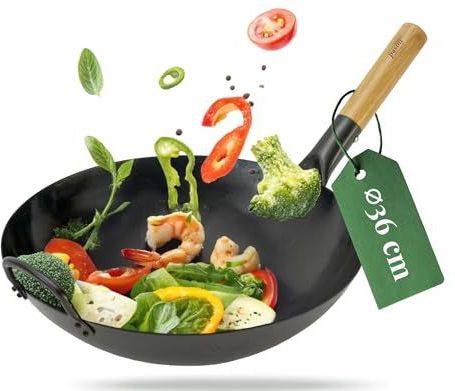 pasoli - Handgehamerde Wok - Wokpan - Koolstofstaal - Geschikt voor Inductie - Diameter 36 cm