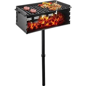 VEVOR Outdoor Park Style Grill 24 x 16 Inch Park Style Houtskool Grill Carbon Staal Park Style BBQ Grill Verstelbaar Park Houtskool Grill met RVS Rooster Outdoor Park Grill, Inground Pillar