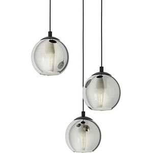 EGLO Hanglamp Ariscani, 3-lichts cluster hanglamp eettafel, hanglamp van metaal in zwart en rookglas in zwart-transparant, eetkamerlamp hangend, E27-fitting, Ø 42,5 cm