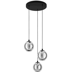 EGLO Hanglamp Ariscani, 3-lichts cluster hanglamp eettafel, hanglamp van metaal in zwart en rookglas in zwart-transparant, eetkamerlamp hangend, E27-fitting, Ø 42,5 cm