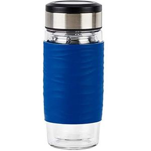 Emsa N20805 Theemok van dubbelwandig glas, 0,4 liter, uitneembare zeef, BPA-vrij, 100% lekvrij, vaatwasmachinebestendig, 360 graden drinkopening, blauw