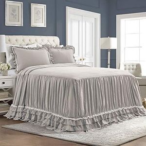 Lush Decor Ella Vintage Chic Ruffle Lace Bedsprei Lichtgrijs Boerderij Stijl Lichtgewicht 3 Stuk Set Koning, Polyester