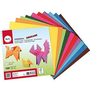 RAYHER HOBBY 71831000 Origami vouwbladen, 100 vellen gesorteerd, 10 kleuren dubbelzijdig, basiskleuren, knutselpapier voor kinderen en volwassenen, 15 x 15 cm, 80 g/m2