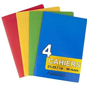 Conquérant 4 geniete notitieboeken, A4, 21 x 29,7 cm, grote ruitjes, Seyès 96 pagina's, 90 g, verschillende kleuren