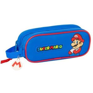Super Mario Play - Dubbele etui voor kinderen, ideaal voor kinderen op schoolleeftijd, comfortabel en veelzijdig, kwaliteit en weerstand, 21 x 6 x 8 cm, blauw/rood, blauw/rood, blauw/rood,