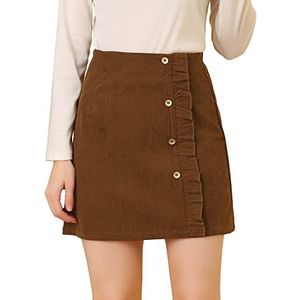 Allegra K Women's Corduroy Vintage Button Decor Ruffled Trim High Waist Short Skirt Medium Brown