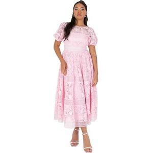 Maya Deluxe Dames Midaxi Jurk Dames Bloemen Kant Ronde Hals Korte Pofmouwen Lace-up Back A-lijn Bruiloft Gast Prom Gelegenheid, roze, 36