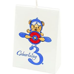 Dekohelden24 Hoogwaardige verjaardagskaars voor de 3e verjaardag motief: teddy in vlieger, handgemaakt en handbeschilderd, L/B/H 9 x 5 x 12 cm.
