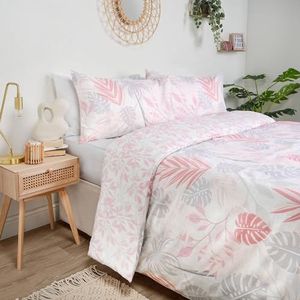 Dreamscene Beddengoed met kussensloop Tropisch palmbladpatroon voor eenvoudig bed, zacht omkeerbaar, polykatoen, lichtgrijs, 135 x 200 cm