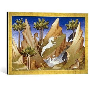 Ingelijst beeld van Marco Polo boekenschilderij ""Marco Polo, Merviles, fol.85 r. "", kunstdruk in hoogwaardige handgemaakte fotolijst, 60x40 cm, Gold Raya