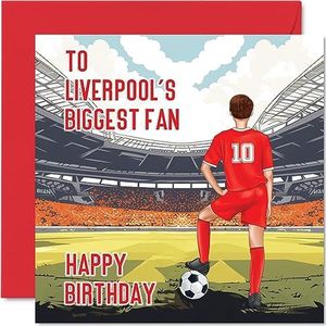 Voetbalverjaardagskaart voor fans van Liverpool - Biggest Fan - Fun Happy Birthday Card voor zoon vader broer oom collega vriend neef, 145 mm x 145 mm Footy Footie Bday wenskaarten