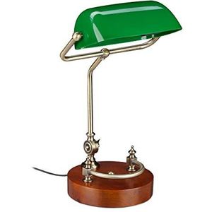 Relaxdays bankierslamp, retro bureaulamp, houten voet, kantelbare kap, E27, antiek design, notarislamp, groen