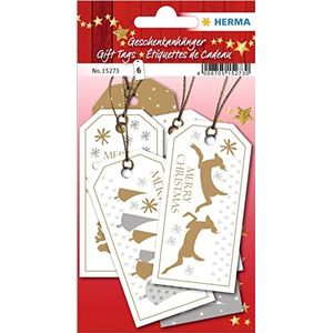 HERMA 15273 Cadeauhangerset motief Merry Christmas met draad, bedrukte hangetiketten voor geschenken en uitnodigingen, 6 vierkante papieren hangers, wit goud