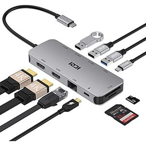 ICZI USB C docking station, 10 in 1 USB C hub met 2 HDMI 4K @60 Hz, 2 USB 3.0 poort, 1 USB 2.0 poort, SD/TF-kaartlezer, HDMI-uitgang, aluminium, voor MacBook Pround meer type C-apparaten