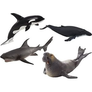 MOJO 4 stuks dierenfiguren uit de zeewereld Deluxe maat I (inhoud: 1 bultwalvis, 1 zeeolifant, 1 grote orca en 1 grote witte haai)
