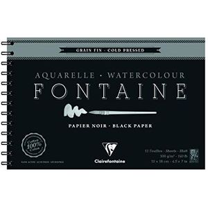 Clairefontaine - Ref 975310C - Fontaine koudgeperst zwart aquarel draadgebonden pad (12 vellen) - 12 x 18 cm formaat, 300 g/m² papier - Geschikt voor aquarel kunstwerken