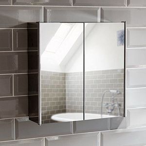 Badspiegelkast met 2 deuren van roestvrij staal, opbergruimte, zilver, met magnetisch sluitmechanisme van Bath Vida