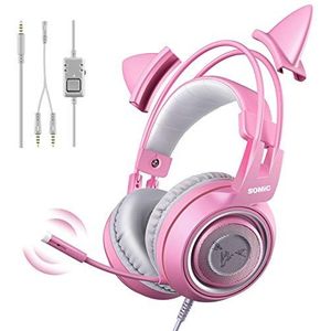 G951S Roze Over-ear Gaming-Headset Met Microfoon Voor Xbox One, PS5, PC, Verwijderbare Kattenoor-Hoofdtelefoon Voor Meisjes, Vrouwen, Met Schakelkast