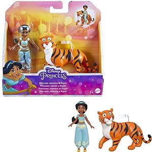 Mattel Disney Prinses Speelgoed, Prinses Jasmine Poseerbare Kleine Pop en de Tijger Rajah, Geïnspireerd op de Disney Film Aladdin, Cadeaus voor Kinderen HLW83