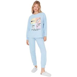 Trendyol Dames met slogan Elastische taille gedetailleerd geweven sweatshirt-broek pyjama set, Blauw, L