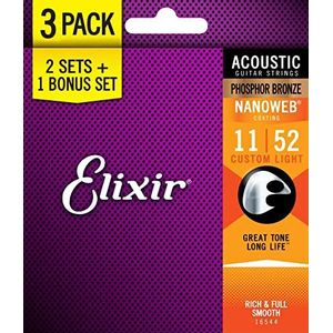 Elixir 16544 snaren voor akoestische gitaren, nanoweb, brons 11-52, 2 sets en een bonusset