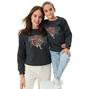 Trendyol Crew Neck met Slogan Regular Sweatshirt, Antraciet, S Dames, Antraciet, S
