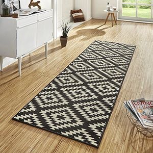 Hanse Home Nordic Tapijtloper 80 x 300 cm, zacht, laagpolig tapijt, modern ruitdesign, loper voor hal, slaapkamer, kinderkamer, badkamer, woonkamer, keuken, decoratieloper, zwart