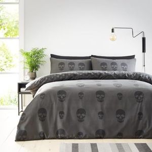 GC GAVENO CAVAILIA Eenpersoons dekbedovertreksets (135 x 200 cm) | Schedel beddengoed en linnen omkeerbare dekbedovertrekken | Polykatoen eenpersoons beddengoedsets | wasbaar linnen | houtskool