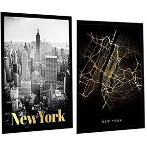 Postergaleria Set van 2 design posters | 50x70cm | met gouden fotolijst | wit, goud, zwart | gouden New York | afbeeldingen voor keuken, kantoor, woonkamer, slaapkamer | verguld