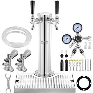 VEVOR Kegerator-toren-kit, bierombouwset met twee tapkranen, biertorendispenser van roestvrij staal met dubbele meter W21.8-regelaar en A-systeem vatkoppeling, bier-druppelschaal voor feestjes thuis