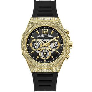 GUESS US heren gouden toon en zwart siliconen multifunctioneel horloge, zwart/zwart/goudtint/bling, MOMENTUM