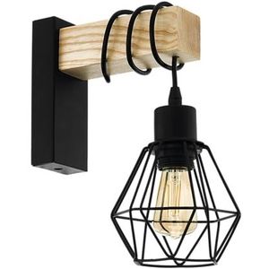 EGLO wandlamp Townshend 5, vintage muurlamp in industrieel ontwerp, retro wand lamp van staal en hout, kleur zwart, bruin, E27 fitting, FSC-gecertificeerd
