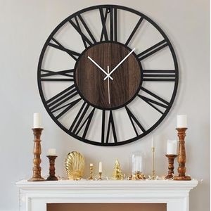 HAITANG Grote wandklokken voor woonkamer, stil, niet tikken, batterij-aangedreven oversized vintage ronde moderne houten wandklok voor slaapkamer, boerderij, kantoorklok muurdecoratie, 60 cm, zwart