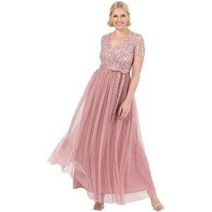 Maya Deluxe Maxi-jurk voor vrouwen, dames, vlechtmeisje, V-hals, baljurk met korte mouwen, lang, elegant, empire-taille met riem, vintage roze, maat 16, Vinatge Roos, 42