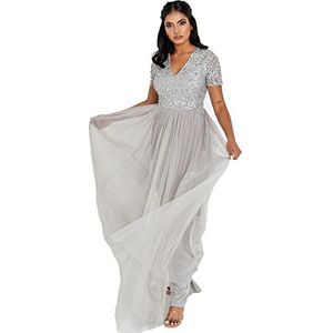 Maya Deluxe Dames V-hals versierd maxi-jurk bruidsmeisje, zacht grijs, 46 EU