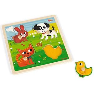 Janod - Wooden Tactile Puzzle, My First Animals, 4 Pieces - Children's Pin Jigsaw Puzzle - Educational and Sensory Game - Touch, Fine Motor Skills and Concentration - From 12 Months, J07080