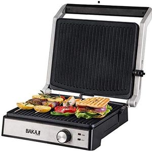 Bakaji Elektrische grillpan, vermogen 2000 W, anti-aanbaklaag aluminiumplaten, 180 graden opening, instelbare thermostaat en druppelbescherming voor sandwiches
