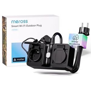 Meross Matter WLAN Stopcontact Outdoor met Stroommeting, Slim Stopcontact Stroommeter voor Balkoninstallatie Buitenstopcontact Waterdicht IP44, werkt met HomeKit, Alexa en Google, 16A 1,5m