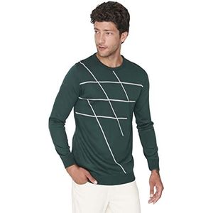Trendyol Gestreepte slanke sweater met ronde hals voor heren, Emerald Groen, XL