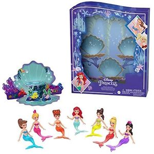 Mattel Disney Prinses Speelgoed, Ariël Verhalenset met 7 Zeemeerminpoppen, Kleine Poppen, Figuren en Accessoires, Geïnspireerd op Disney's De Kleine Zeemeermin HLW96