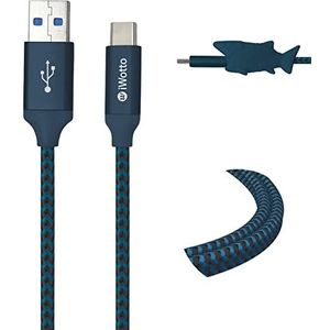 Iwotto USB Type C kabel 1M - Snel opladen en synchroniseren voor mobiele telefoons - USB 3.0 blauw - Duurzaam nylon en haaien kabelbeschermer inbegrepen - Compatibel met Samsung, Xiaomi, Huawei, PS4, Xbox
